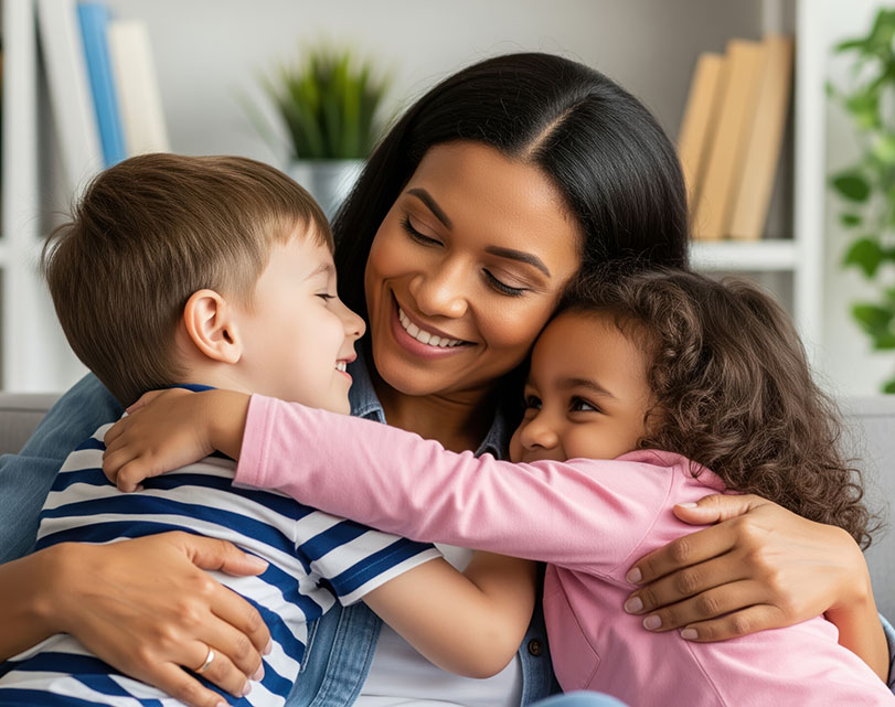 Smiling mother hugging her son and daughter on a comfortable sofa in a cozy living room. family bonding, love, and happiness at home.