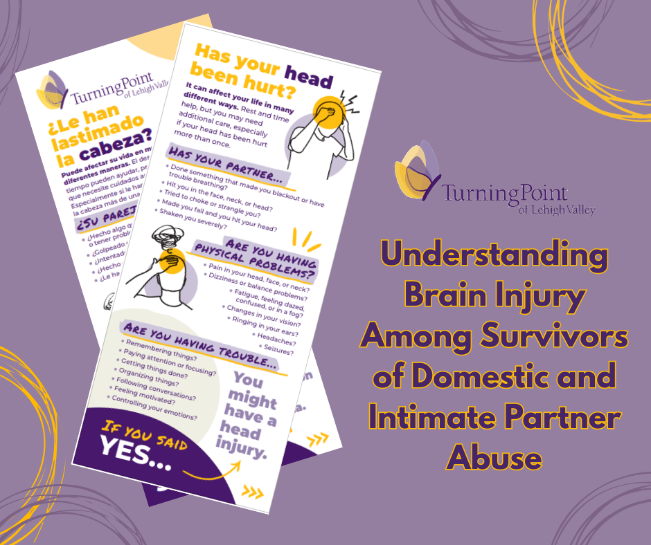 Flyers showing information about brain injury due to domestic abuse. Headline reads Understanding brain injury among survivors of domestic and intimate partner abuse