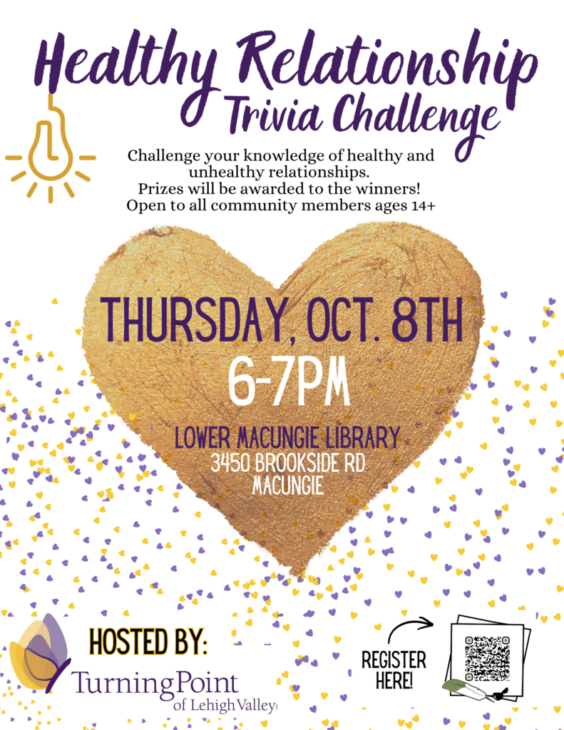 Healthy Relationship Trivia Challenge Challenge your knowledge of healthy and unhealthy relationships. Prizes will be awarded to the winners. Open to all community members ages 14+.